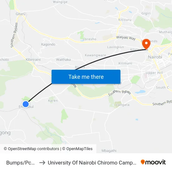 Bumps/Pcea to University Of Nairobi Chiromo Campus map