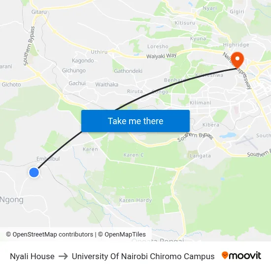 Nyali House to University Of Nairobi Chiromo Campus map