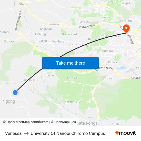Venessa to University Of Nairobi Chiromo Campus map
