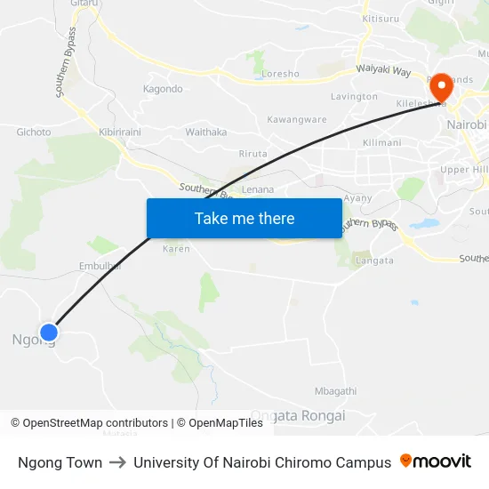 Ngong Town to University Of Nairobi Chiromo Campus map