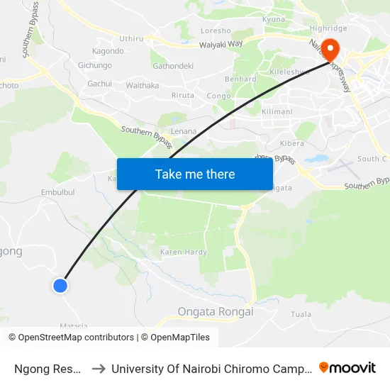 Ngong Resort to University Of Nairobi Chiromo Campus map