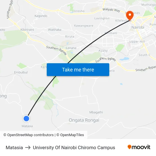 Matasia to University Of Nairobi Chiromo Campus map