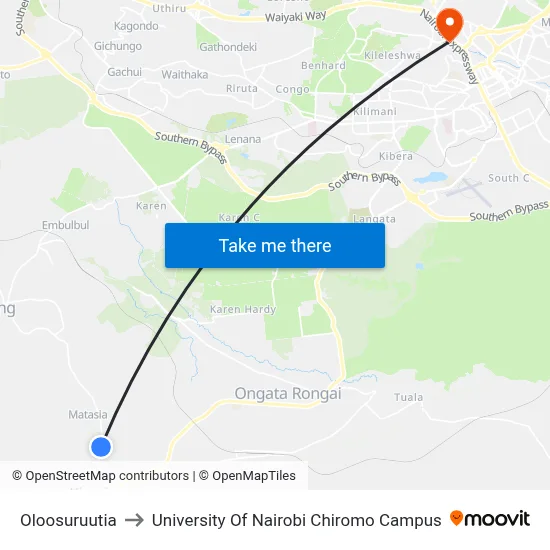 Oloosuruutia to University Of Nairobi Chiromo Campus map