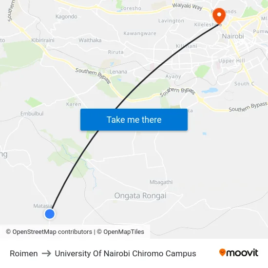Roimen to University Of Nairobi Chiromo Campus map