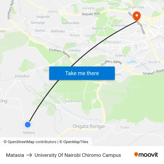 Matasia to University Of Nairobi Chiromo Campus map