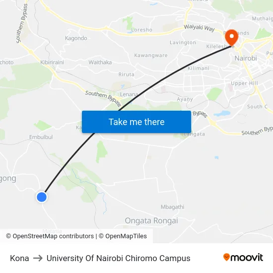 Kona to University Of Nairobi Chiromo Campus map