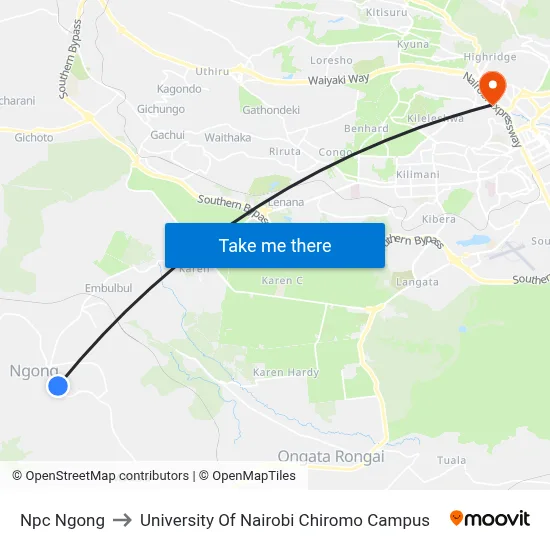 Npc Ngong to University Of Nairobi Chiromo Campus map