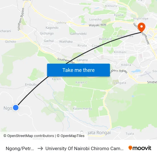 Ngong/Petroh to University Of Nairobi Chiromo Campus map