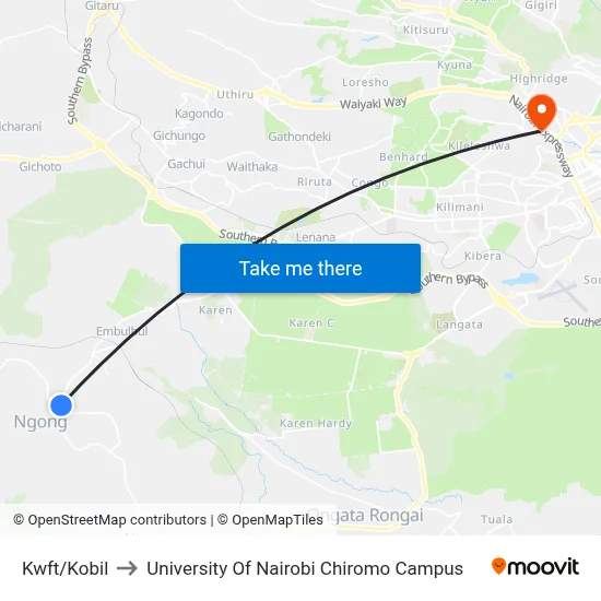 Kwft/Kobil to University Of Nairobi Chiromo Campus map