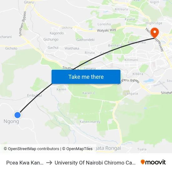 Pcea Kwa Kanisa to University Of Nairobi Chiromo Campus map