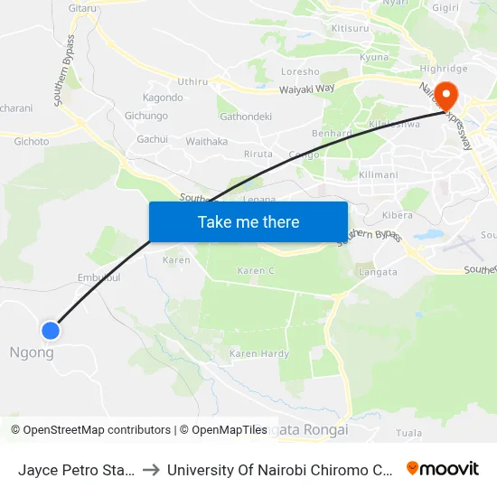 Jayce Petro Station to University Of Nairobi Chiromo Campus map