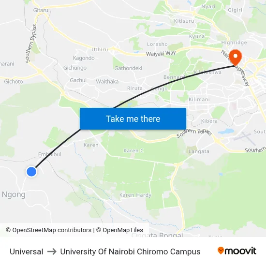 Universal to University Of Nairobi Chiromo Campus map