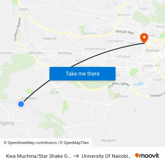 Kwa Muchina/Star Shake Girls' Secondary School to University Of Nairobi Chiromo Campus map