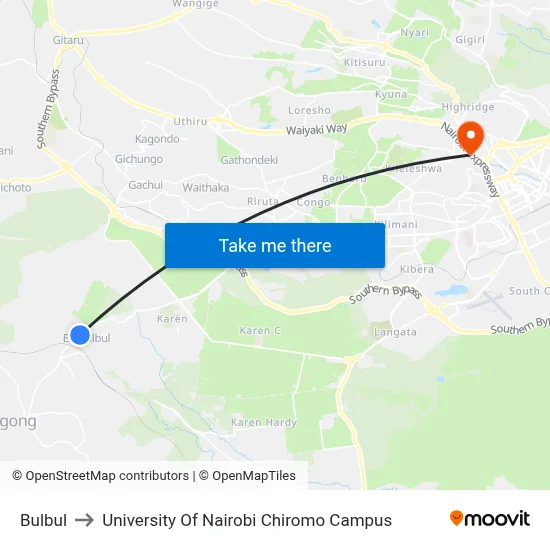 Bulbul to University Of Nairobi Chiromo Campus map