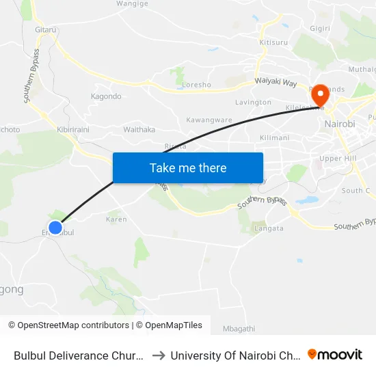 Bulbul Deliverance Church/Kwa Bumps to University Of Nairobi Chiromo Campus map