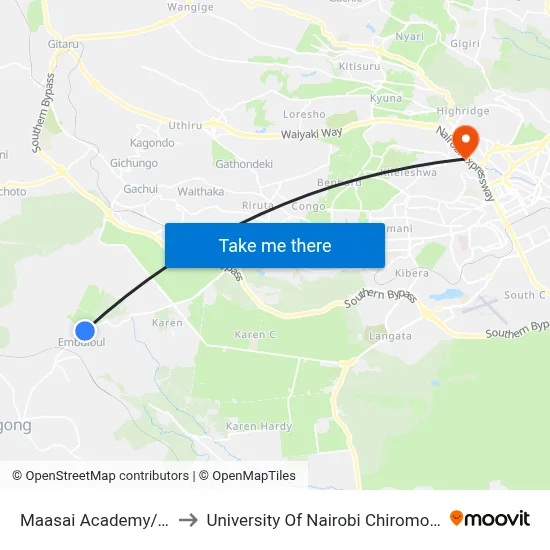 Maasai Academy/Umoja to University Of Nairobi Chiromo Campus map