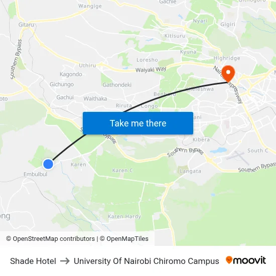 Shade Hotel to University Of Nairobi Chiromo Campus map