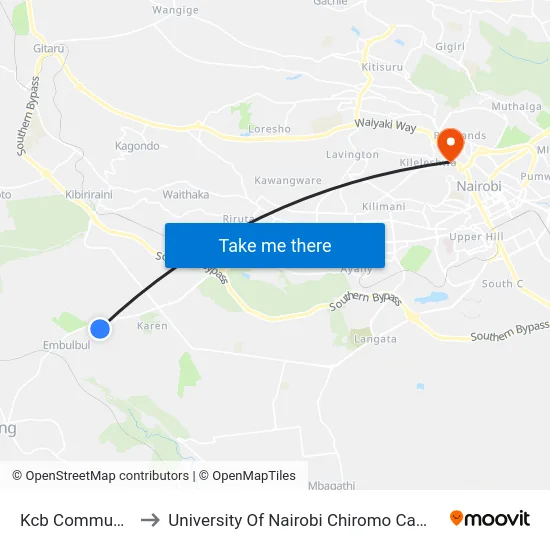 Kcb Community to University Of Nairobi Chiromo Campus map