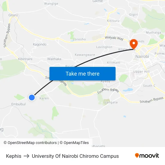 Kephis to University Of Nairobi Chiromo Campus map