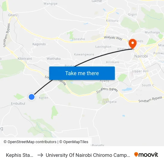 Kephis Stage to University Of Nairobi Chiromo Campus map