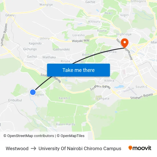 Westwood to University Of Nairobi Chiromo Campus map