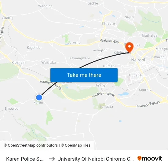 Karen Police Station to University Of Nairobi Chiromo Campus map