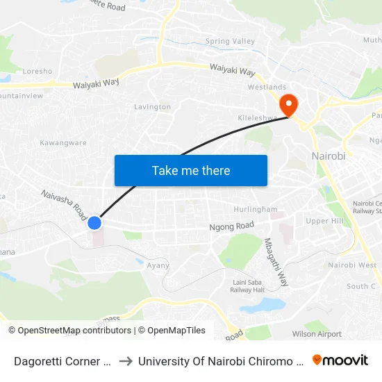Dagoretti Corner Stage to University Of Nairobi Chiromo Campus map