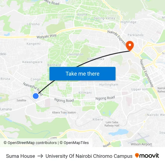 Suma House to University Of Nairobi Chiromo Campus map