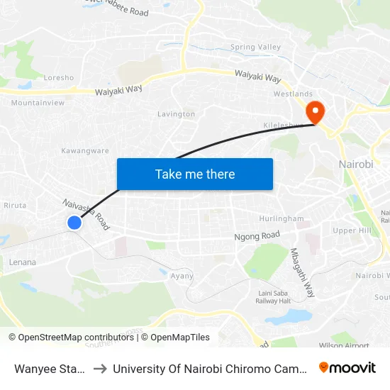Wanyee Stage to University Of Nairobi Chiromo Campus map