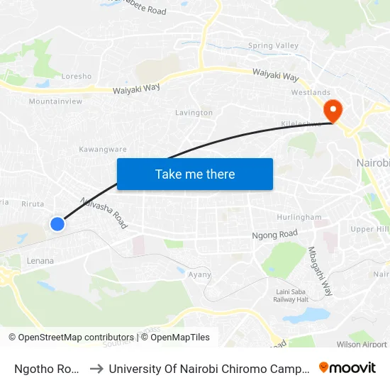 Ngotho Road to University Of Nairobi Chiromo Campus map