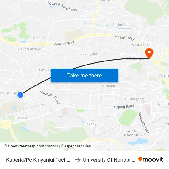 Kaberia/Pc Kinyanjui Technical Training Institute to University Of Nairobi Chiromo Campus map