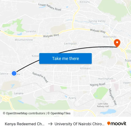 Kenya Redeemed Church Riruta to University Of Nairobi Chiromo Campus map