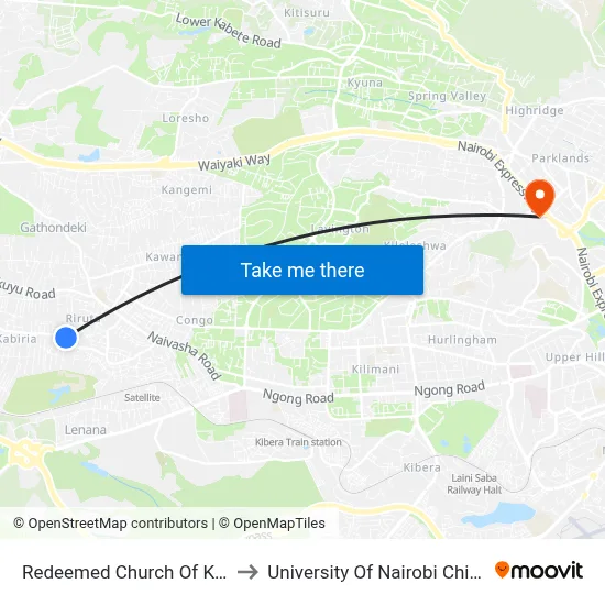 Redeemed Church Of Kenya/Kaberia to University Of Nairobi Chiromo Campus map