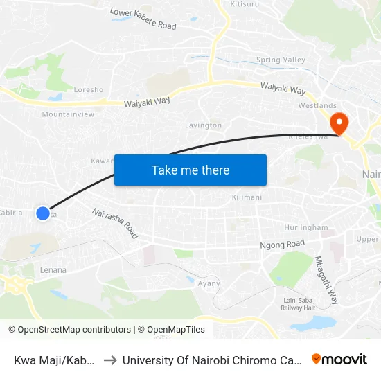 Kwa Maji/Kaberia to University Of Nairobi Chiromo Campus map