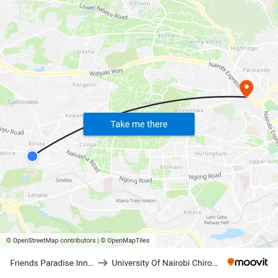 Friends Paradise Inn/Kaberia to University Of Nairobi Chiromo Campus map