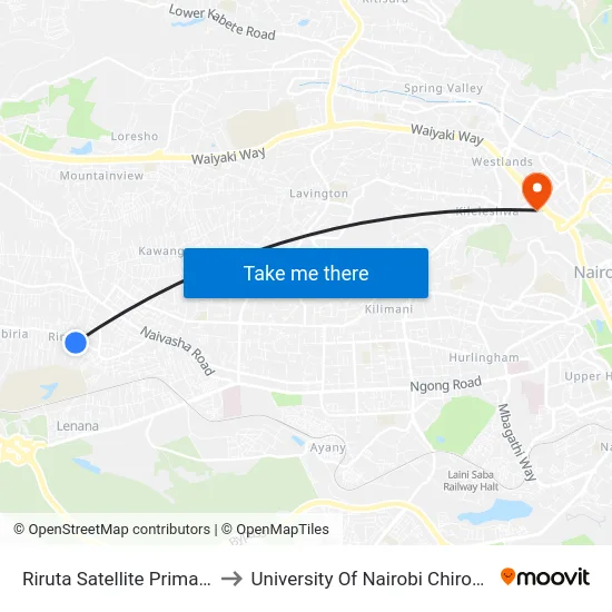 Riruta Satellite Primary School to University Of Nairobi Chiromo Campus map