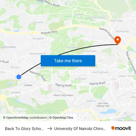 Back To Glory School/Sainty to University Of Nairobi Chiromo Campus map