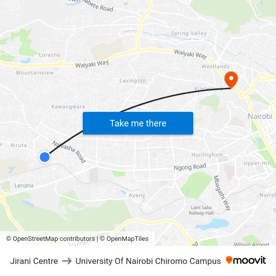 Jirani Centre to University Of Nairobi Chiromo Campus map