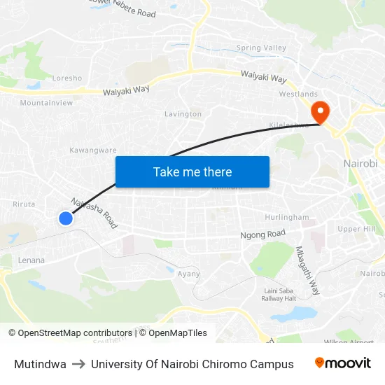 Mutindwa to University Of Nairobi Chiromo Campus map