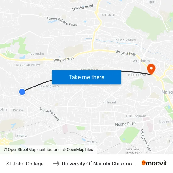 St.John College Riruta to University Of Nairobi Chiromo Campus map