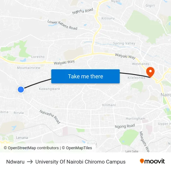 Ndwaru to University Of Nairobi Chiromo Campus map