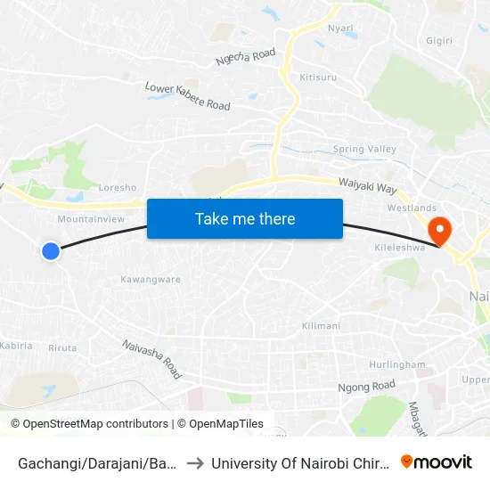 Gachangi/Darajani/Baptist Church to University Of Nairobi Chiromo Campus map