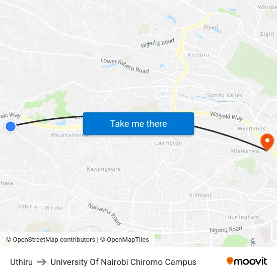 Uthiru to University Of Nairobi Chiromo Campus map