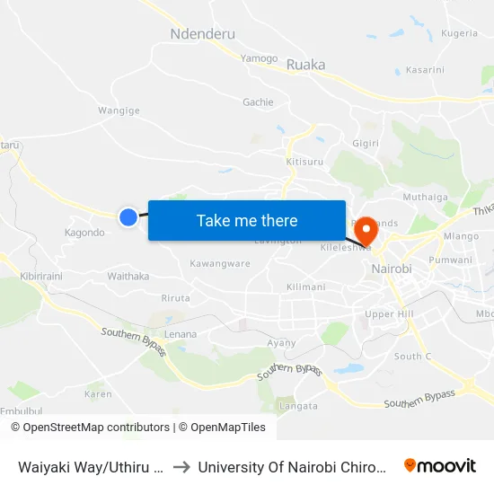 Waiyaki Way/Uthiru Junction to University Of Nairobi Chiromo Campus map