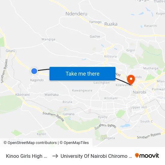 Kinoo Girls High School to University Of Nairobi Chiromo Campus map