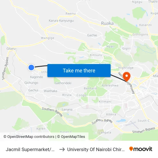 Jacmil Supermarket/Kinoo Stage to University Of Nairobi Chiromo Campus map