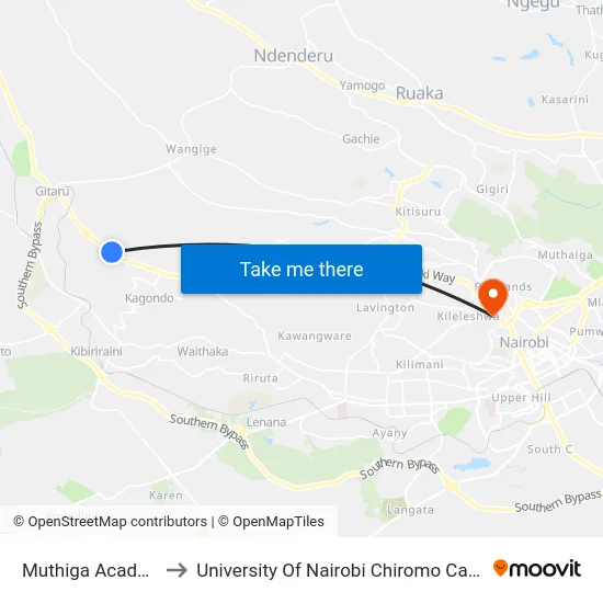Muthiga Academy to University Of Nairobi Chiromo Campus map