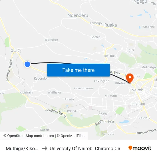 Muthiga/Kikopey to University Of Nairobi Chiromo Campus map