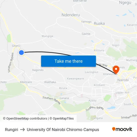 Rungiri to University Of Nairobi Chiromo Campus map