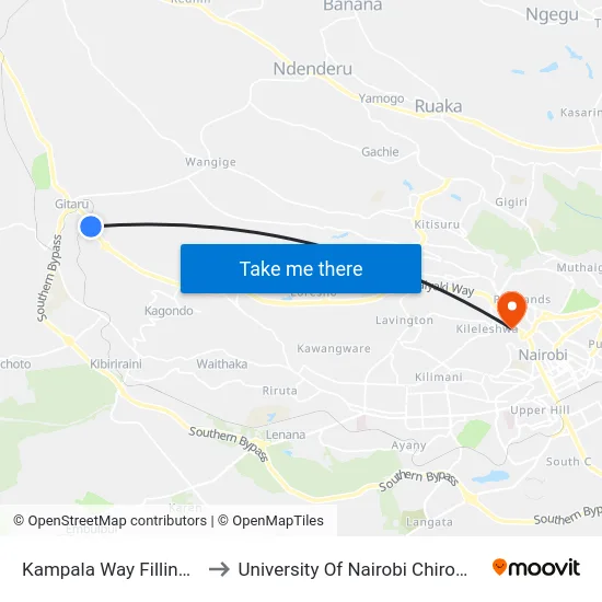 Kampala Way Filling Station to University Of Nairobi Chiromo Campus map